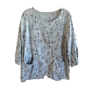 Cut Loose Tunic Pockets‎ Linen Floral  Blue Size Medium USA EUC Resortwear Light
